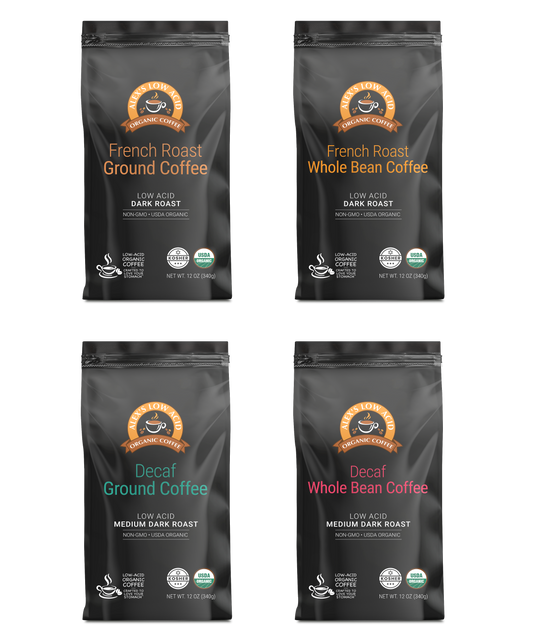 Alex's Low Acid Coffee™ 4-Bag Variety Pack (12oz) features four black bags—French Roast Ground, French Roast Whole Bean, Decaf Ground, and Organic Decaf Whole Bean—each with unique brown or teal-accented labels.