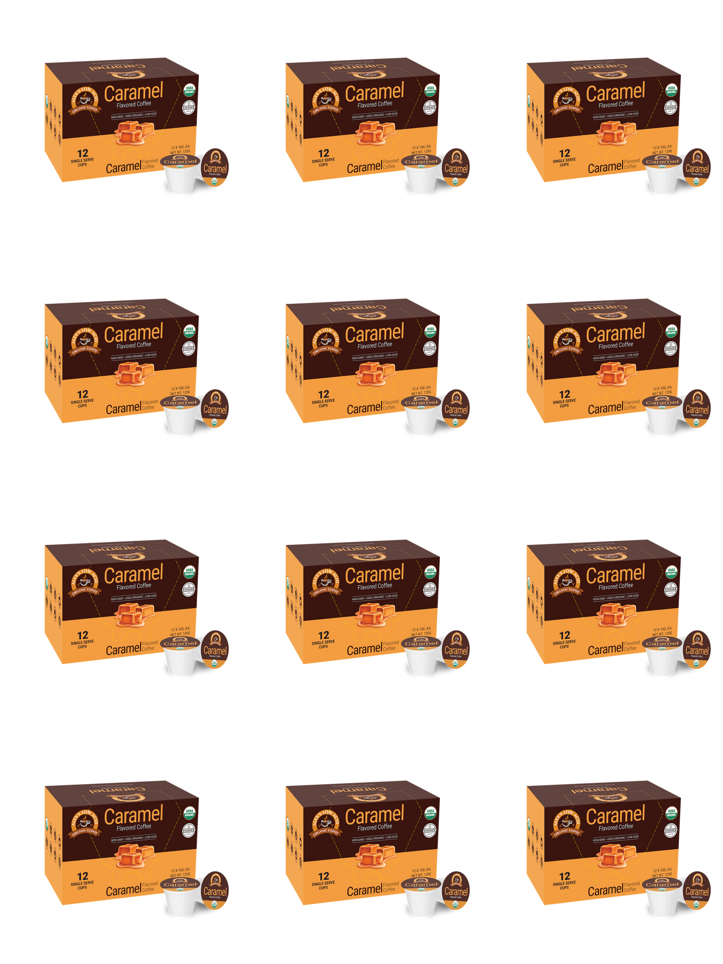 Twelve Alex's Low Acid Organic Coffee™ Single Serve Flavored Cups - Caramel are arranged in a 3x4 grid. The brown and orange boxes with caramel squares offer a low acid, organic treat from Alex's Low Acid Coffee.