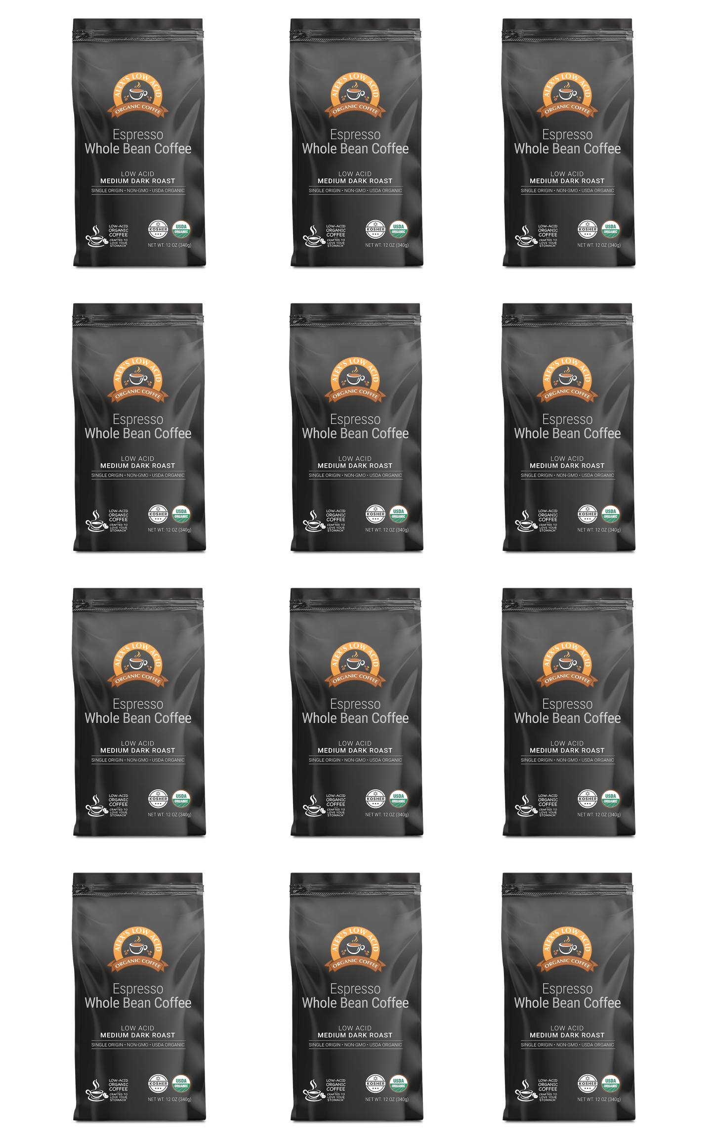 Twelve identical bags of Alex's Low Acid Organic Coffee™ - Espresso Whole Bean (12oz) by Alex's Low Acid Coffee are arranged in a 3x4 grid on a white background, each black bag displaying orange and green labels with organic certification and details.