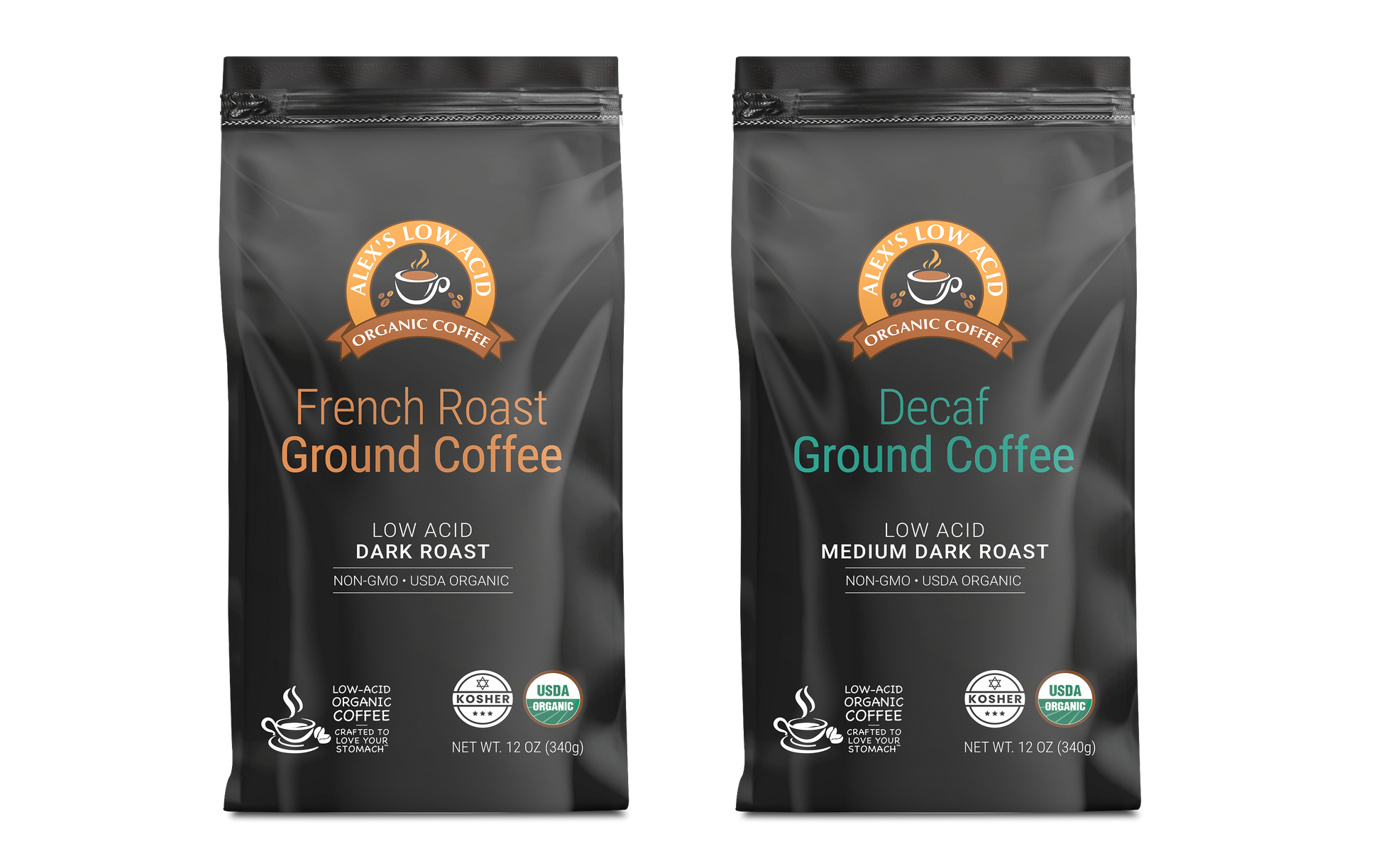 Two bags of Alex's Low Acid Coffee’s Low-Acid Organic Coffee™ - Fresh Ground Variety Pack (12oz) are shown: one labeled "French Roast Ground Coffee" and the other "Organic Decaf," both with USDA Organic and low-acid certifications.
