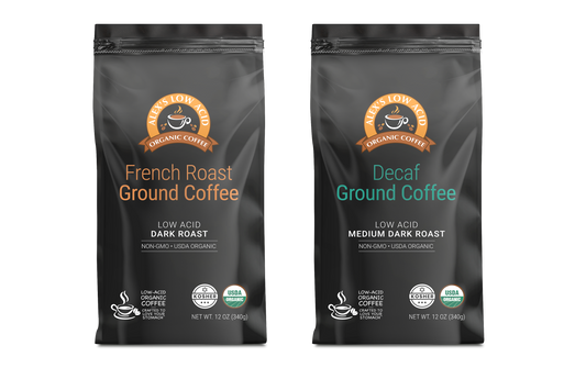 Two bags of Alex's Low Acid Coffee’s Low-Acid Organic Coffee™ - Fresh Ground Variety Pack (12oz) are shown: one labeled "French Roast Ground Coffee" and the other "Organic Decaf," both with USDA Organic and low-acid certifications.