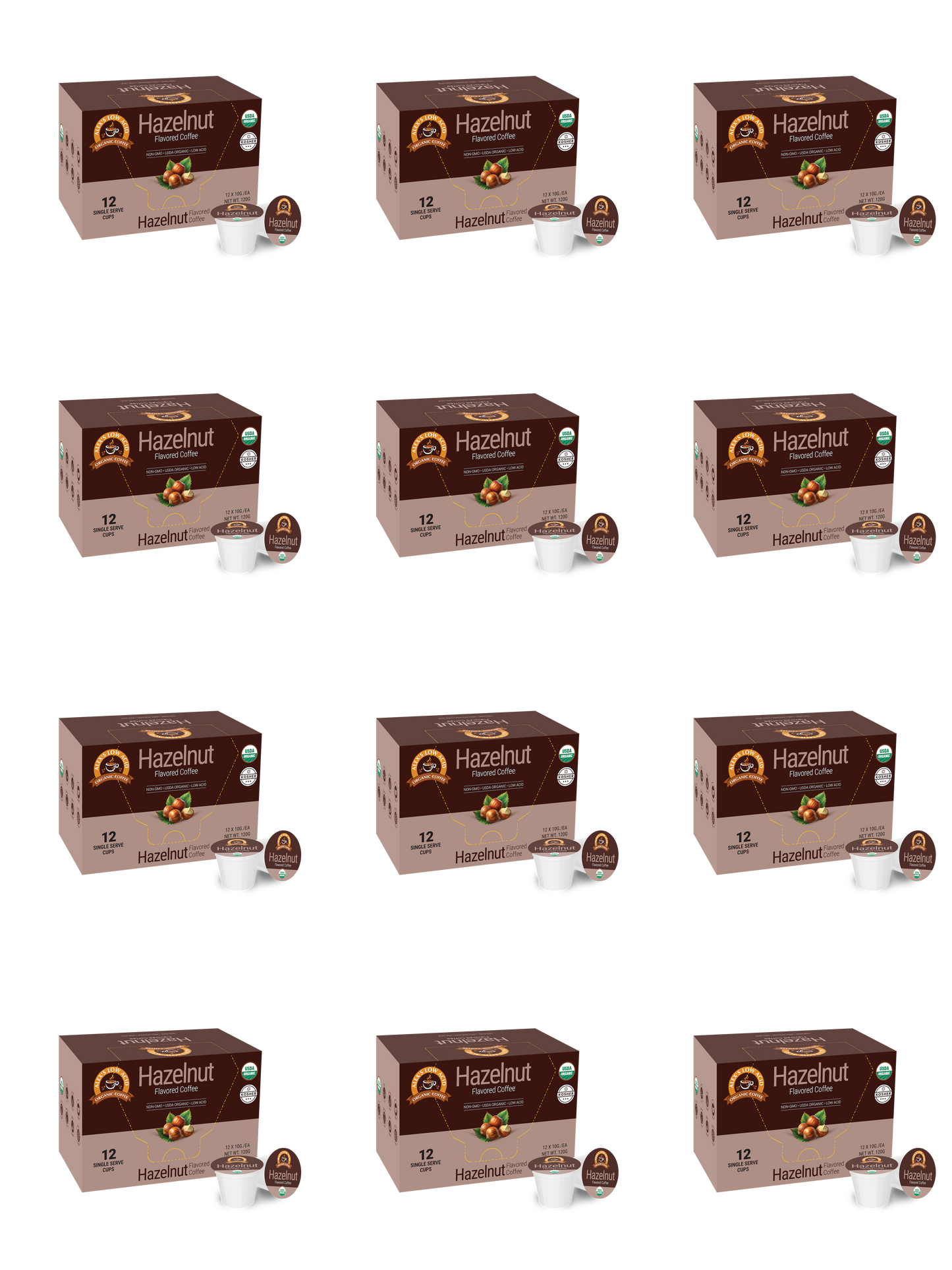 Twelve identical boxes of Alex’s Low Acid Organic Coffee™ Single Serve Flavored Cups - Hazelnut by Alex's Low-Acid Organic Coffee are arranged in a 4x3 grid. Each brown box shows a pod and a cup of heartburn-friendly hazelnut coffee.