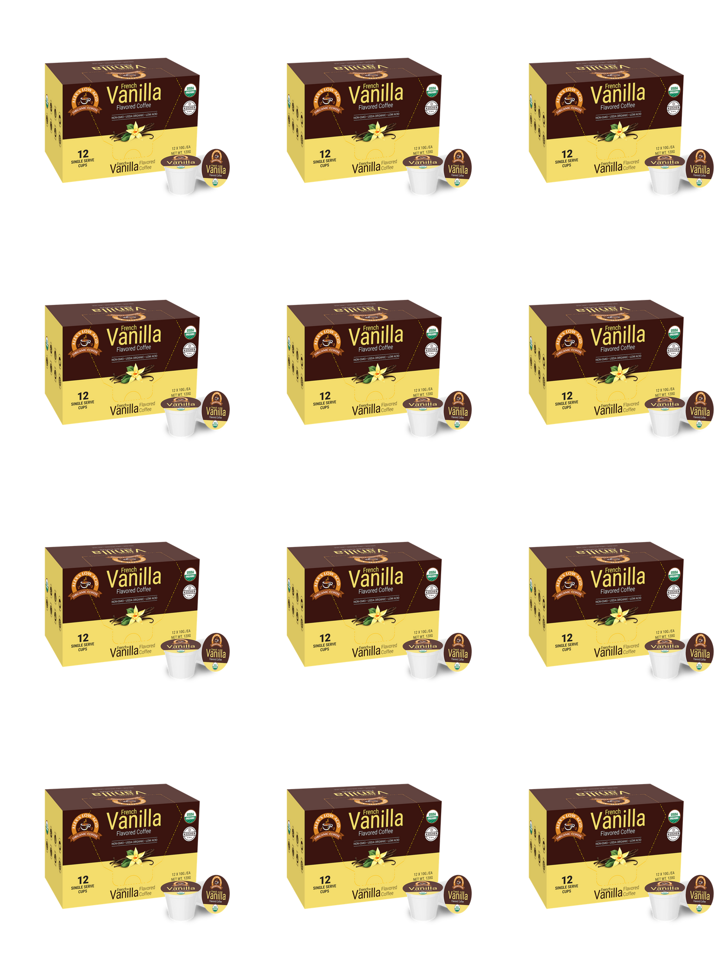 A grid of twelve Alex's Low Acid Organic Coffee™ Single Serve Flavored Cups - Vanilla boxes, each labeled “12 single serve cups” and “Vanilla” with a yellow-brown design, features heartburn-friendly, low acid coffee on a white background.