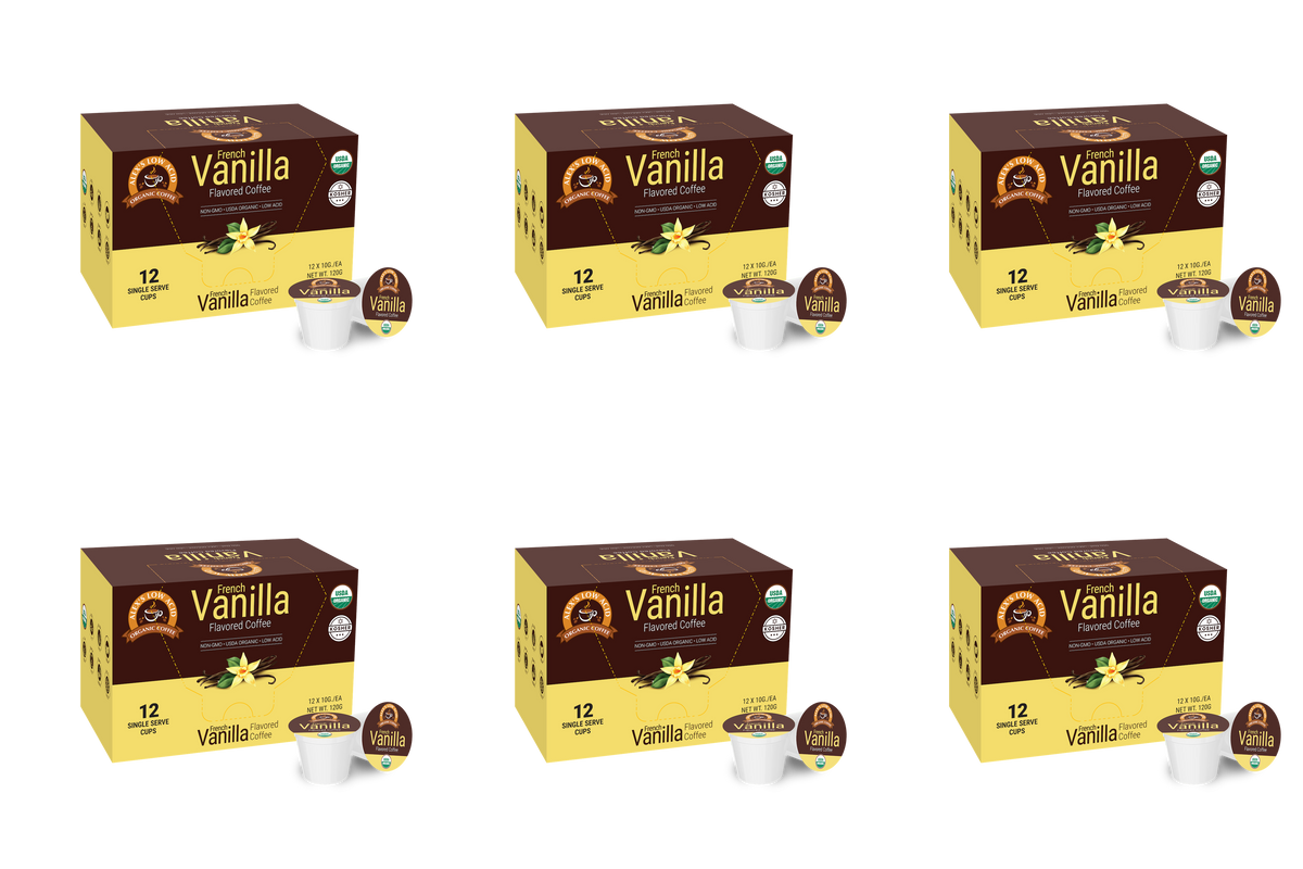 Six boxes of Alex's Low Acid Organic Coffee™ Single Serve Flavored Cups - Vanilla by Alex's Low-Acid Organic Coffee, each with one pod beside it, are arranged in two rows of three on a white background.