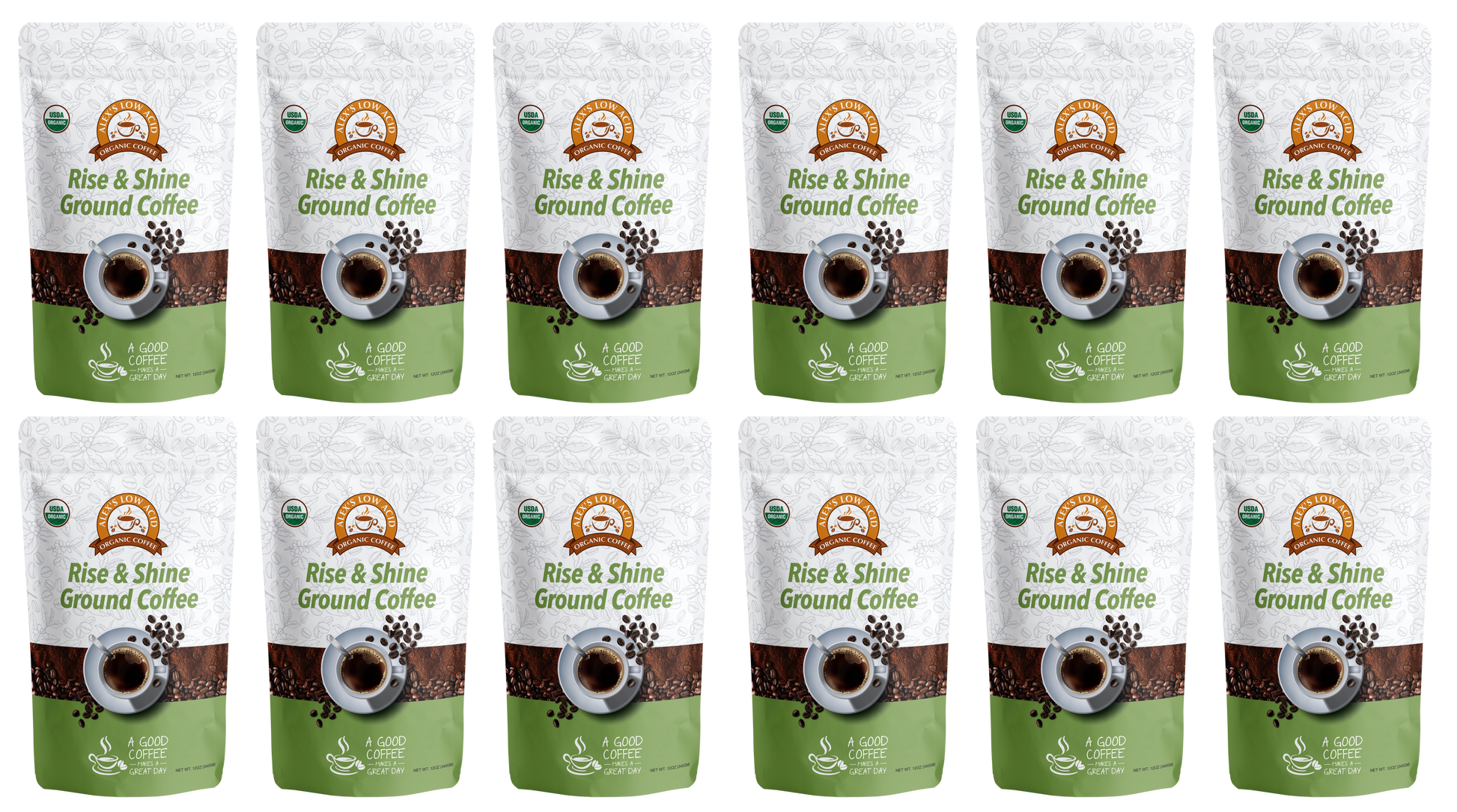 Twelve bags of Alex's Low-Acid Organic Coffee™ - Rise and Shine Fresh Ground (12oz) by Alex's Low Acid Coffee are arranged in three rows of four. The white and green packaging shows a coffee cup and beans, offering a low-acid option for heartburn relief.