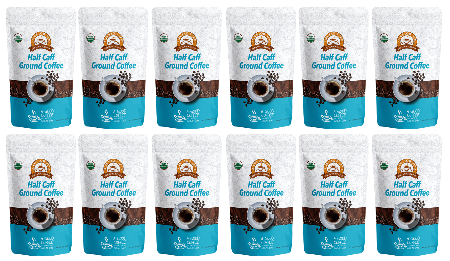 Twelve bags of Alex's Low-Acid Organic Coffee™ - Half Caff Fresh Ground (12oz) by Alex's Low Acid Coffee are arranged in three rows. The white and blue bags feature a coffee cup image and label.