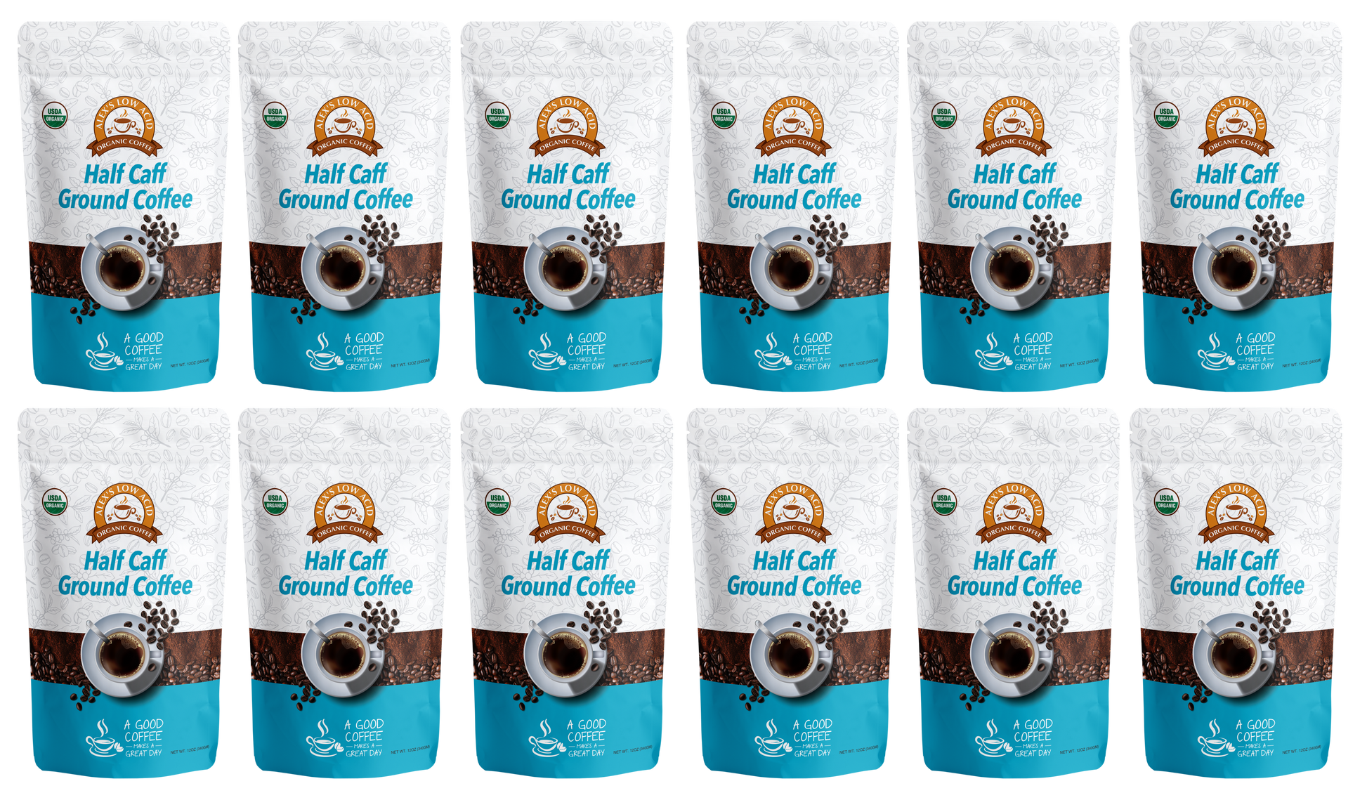 Twelve bags of Alex's Low-Acid Organic Coffee™ - Half Caff Fresh Ground (12oz) by Alex's Low Acid Coffee are arranged in three rows. The white and blue bags feature a coffee cup image and label.