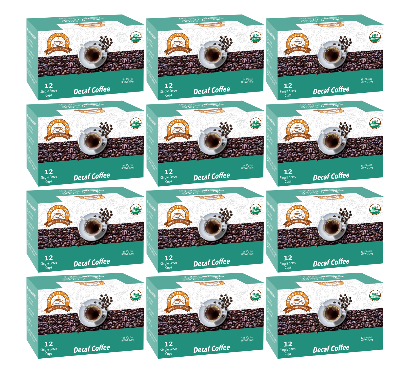 Twelve boxes of Alex's Low-Acid Organic Coffee™ K-Cups - Decaf by Alex's Low Acid Coffee, ideal for heartburn relief, are arranged in a grid. Each green, white, and brown box features a steaming cup and coffee beans.