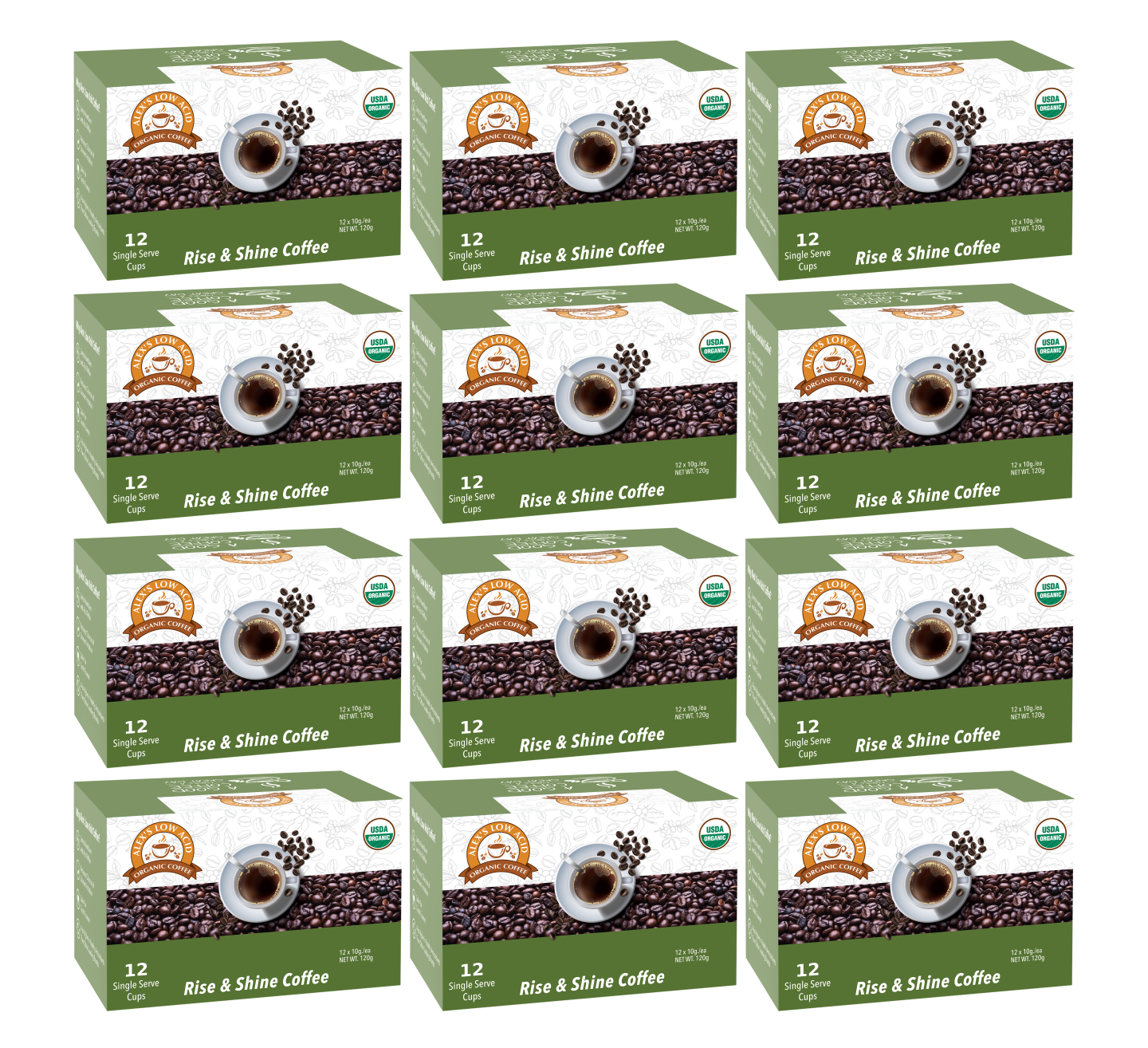 Twelve boxes of Alex's Low-Acid Organic Coffee™ K-Cups - Rise & Shine by Alex's Low Acid Coffee are arranged in a grid. Each green box displays a coffee cup, beans, and the label "12 single serve cups for gentle heartburn relief.