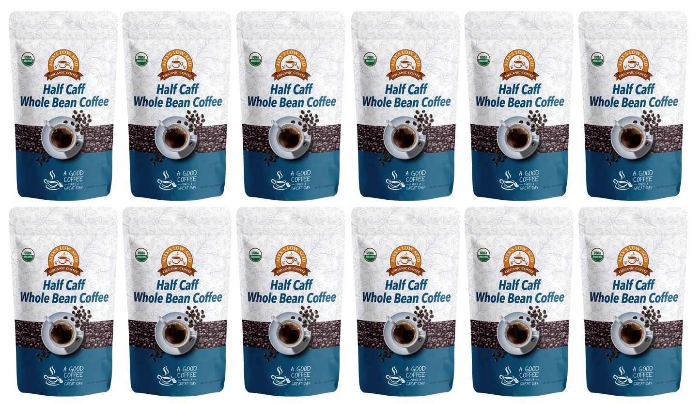 Twelve bags of Alex's Low Acid Coffee™—Half Caff Whole Bean (12oz)—are arranged in a 3x4 grid, each with a coffee cup and brown beans on a white and blue background. This organic, low-acid coffee offers smooth flavor.