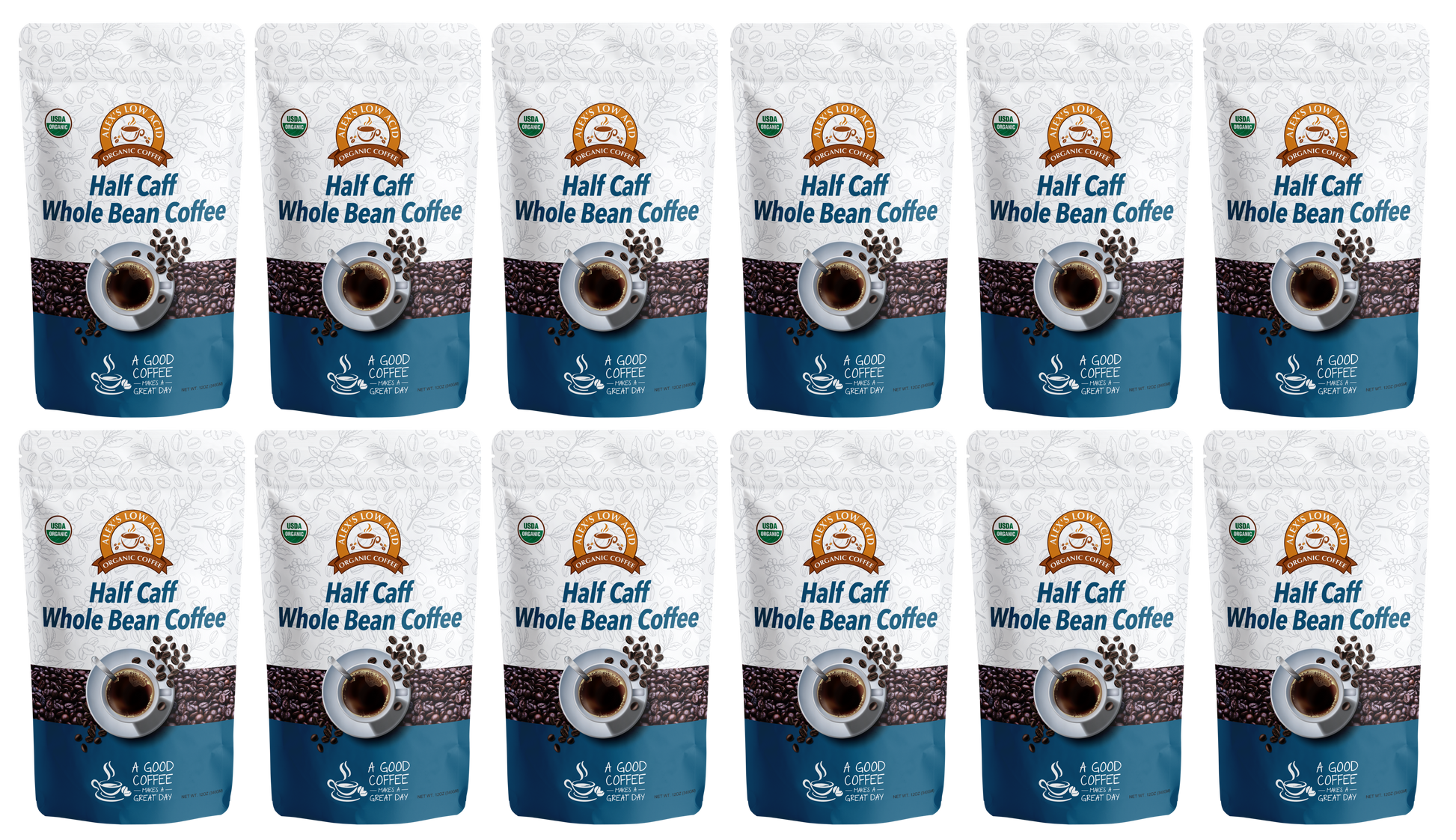 Twelve bags of Alex's Low Acid Coffee™—Half Caff Whole Bean (12oz)—are arranged in a 3x4 grid, each with a coffee cup and brown beans on a white and blue background. This organic, low-acid coffee offers smooth flavor.