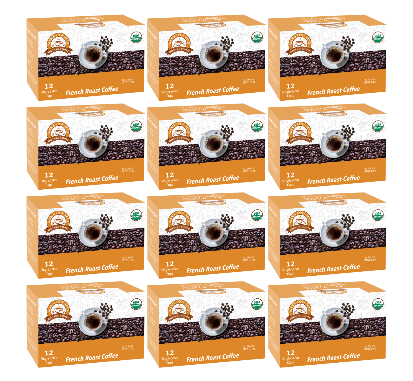 Twelve boxes of Alex's Low-Acid Organic Coffee™ K-Cups - French Roast by Alex's Low Acid Coffee are arranged in a grid. Each orange-and-white box contains 12 single-serve pods, ideal for heartburn relief.