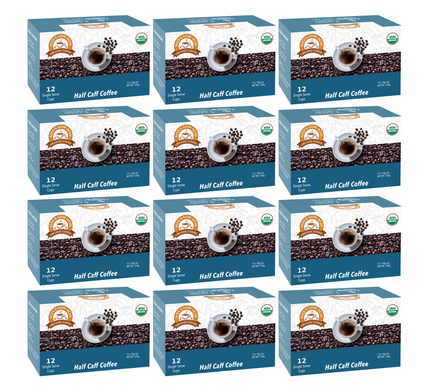 Twelve boxes of Alex's Low-Acid Organic Coffee™ K-Cups - Half Caff from Alex's Low Acid Coffee are arranged in a grid, each containing 12 low acid pods with coffee beans, a cup image, and the “Half Caff” label on the box.