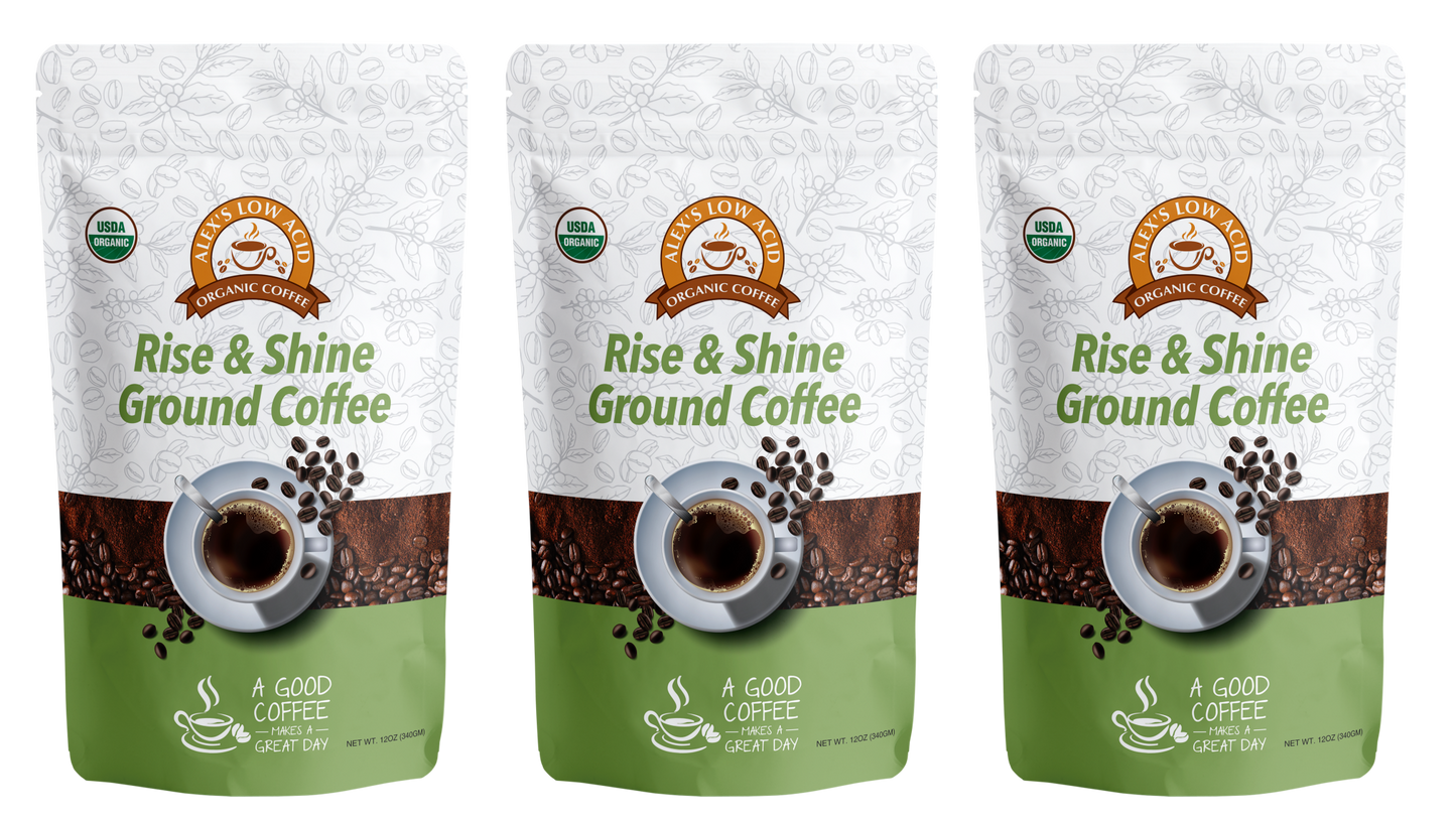 Three bags of Alex's Low-Acid Organic Coffee™ - Rise and Shine Fresh Ground (12oz) by Alex's Low Acid Coffee, USDA Organic—ideal for those who love smooth, low-acid coffee to start their day right!.
