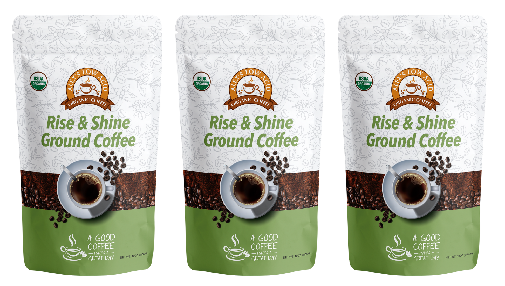 Three bags of Alex's Low-Acid Organic Coffee™ - Rise and Shine Fresh Ground (12oz) by Alex's Low Acid Coffee, USDA Organic—ideal for those who love smooth, low-acid coffee to start their day right!.