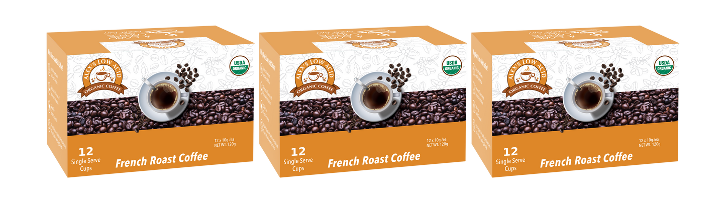 Three orange and white boxes of Alex's Low-Acid Organic Coffee™ K-Cups - French Roast by Alex's Low Acid Coffee, each with 12 USDA organic single-serve cups. Enjoy rich, low-acid coffee that’s gentle on the stomach and may ease heartburn.