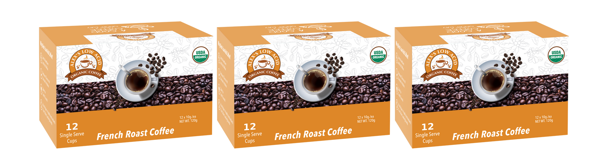 Three orange and white boxes of Alex's Low-Acid Organic Coffee™ K-Cups - French Roast by Alex's Low Acid Coffee, each with 12 USDA organic single-serve cups. Enjoy rich, low-acid coffee that’s gentle on the stomach and may ease heartburn.