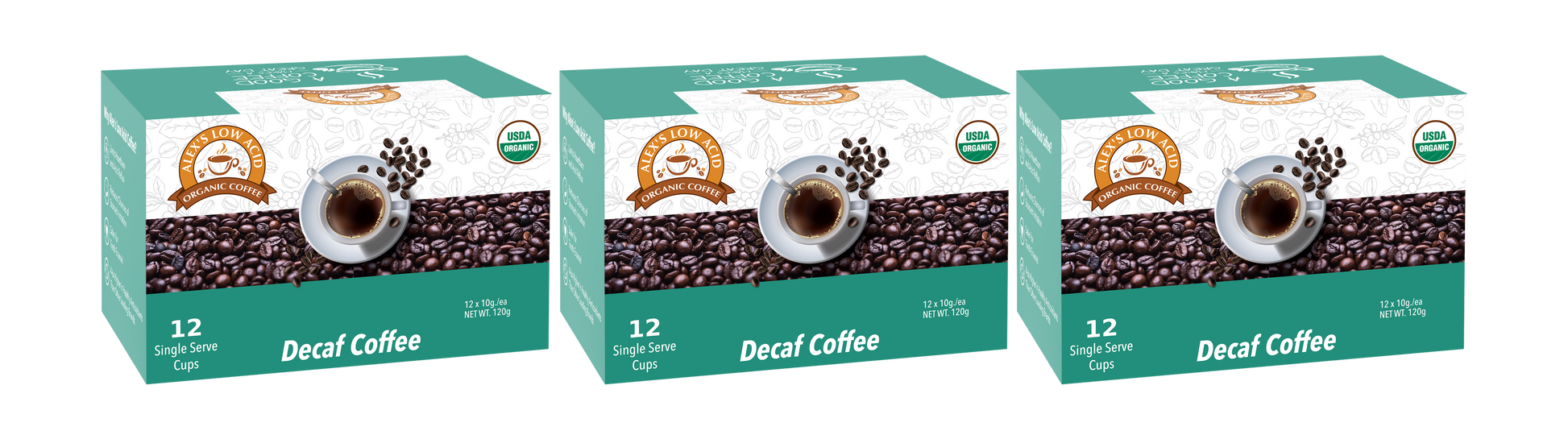 Three identical green and white boxes of Alex's Low-Acid Organic Coffee™ K-Cups - Decaf by Alex's Low Acid Coffee, each with a cup of coffee amid beans. Each organic, low-acid box contains 12 single-serve cups and displays the certification label.