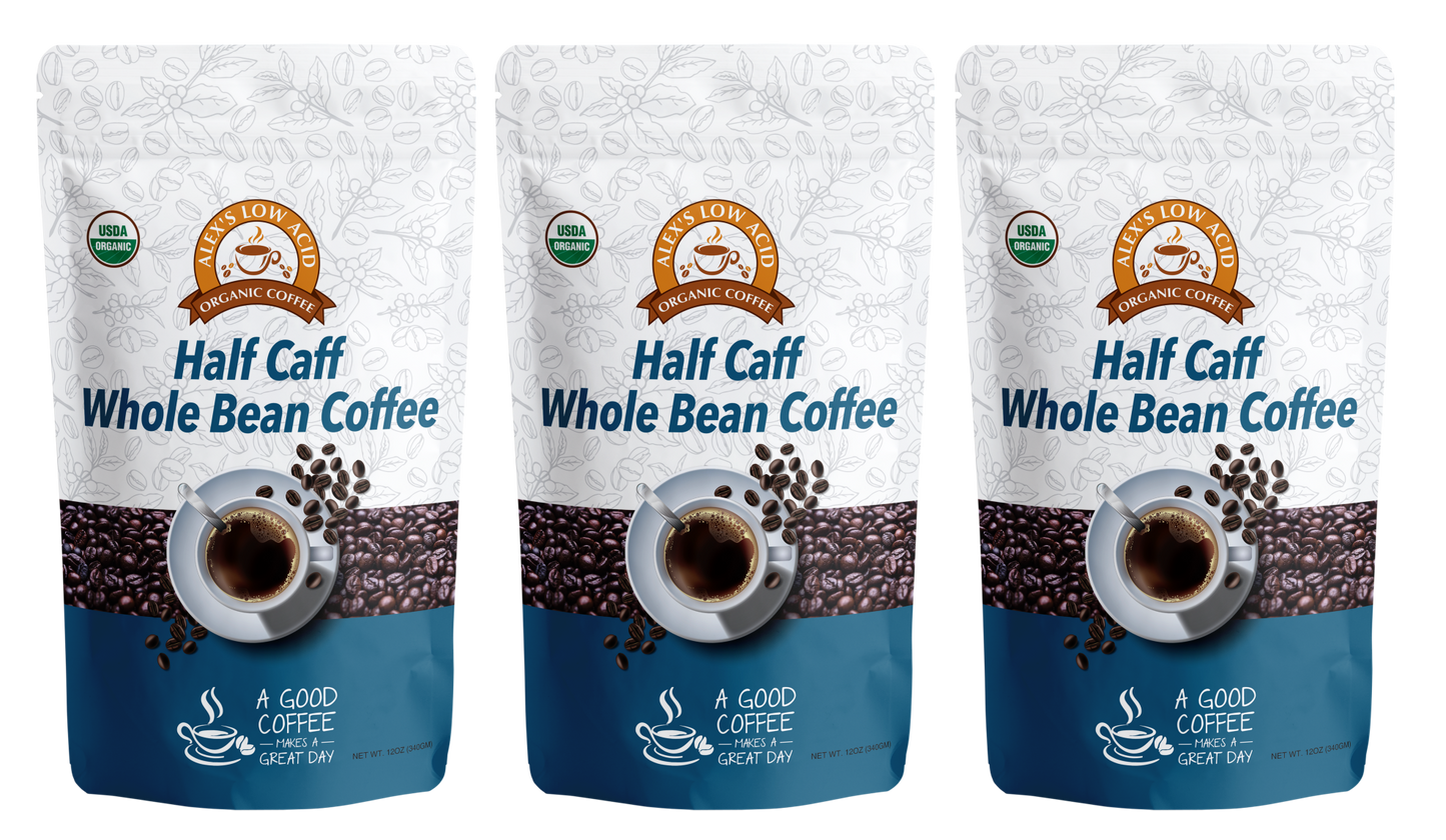 Three bags of Alex's Low-Acid Organic Coffee™ - Half Caff Whole Bean (12oz) by Alex's Low Acid Coffee feature premium low-acid beans, a coffee cup image, and the phrase "A Good Coffee Makes a Great Day" on the packaging.