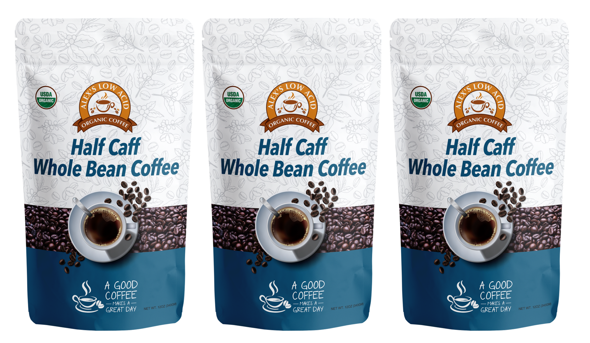 Three bags of Alex's Low-Acid Organic Coffee™ - Half Caff Whole Bean (12oz) by Alex's Low Acid Coffee feature premium low-acid beans, a coffee cup image, and the phrase "A Good Coffee Makes a Great Day" on the packaging.