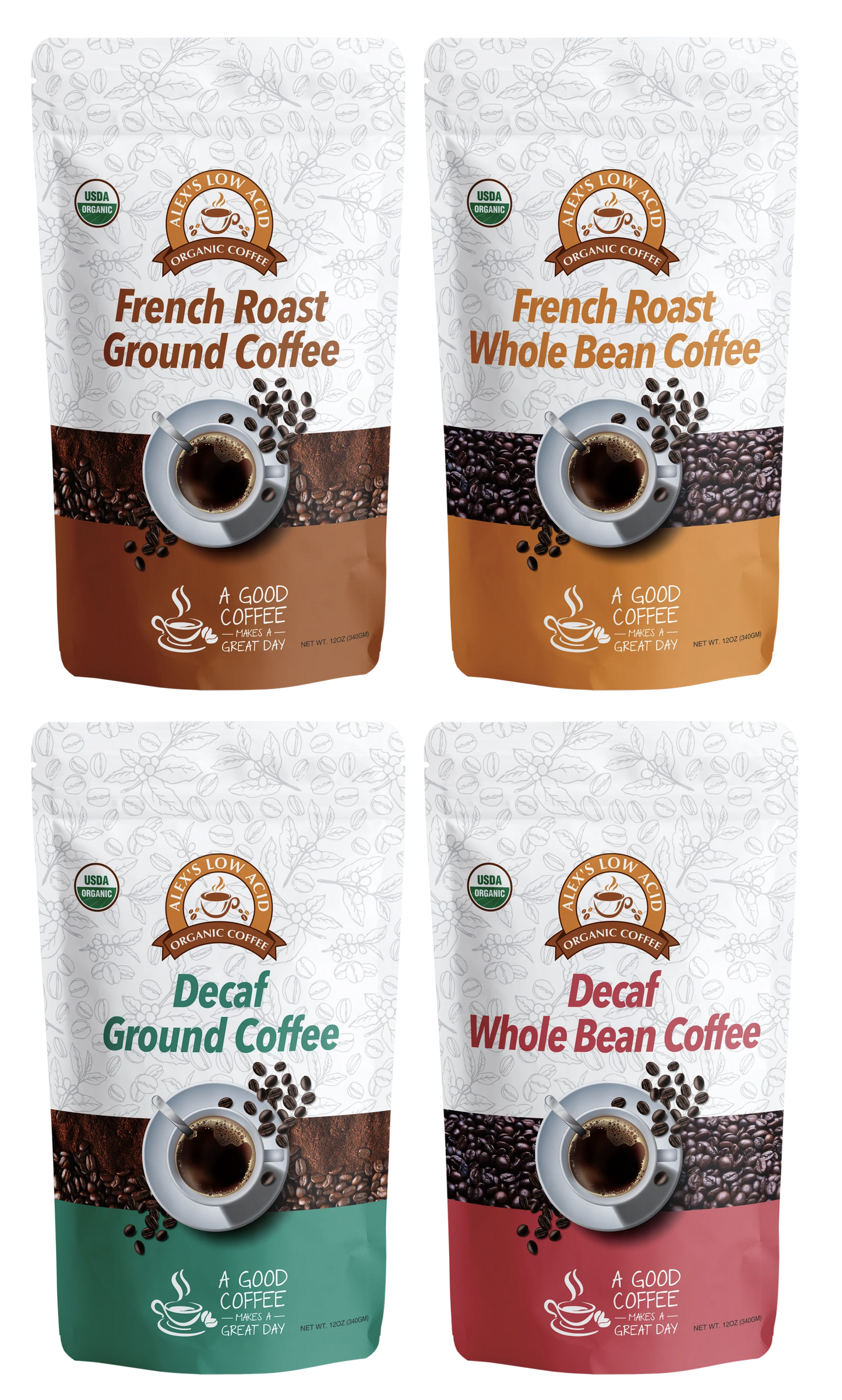 Four 12oz bags of Alex's Low-Acid Organic Coffee™ Variety Pack by Alex's Low Acid Coffee are shown, each in distinctively colored packaging.