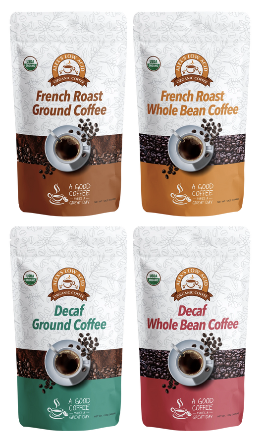 Four 12oz bags of Alex's Low-Acid Organic Coffee™ Variety Pack by Alex's Low Acid Coffee are shown, each in distinctively colored packaging.