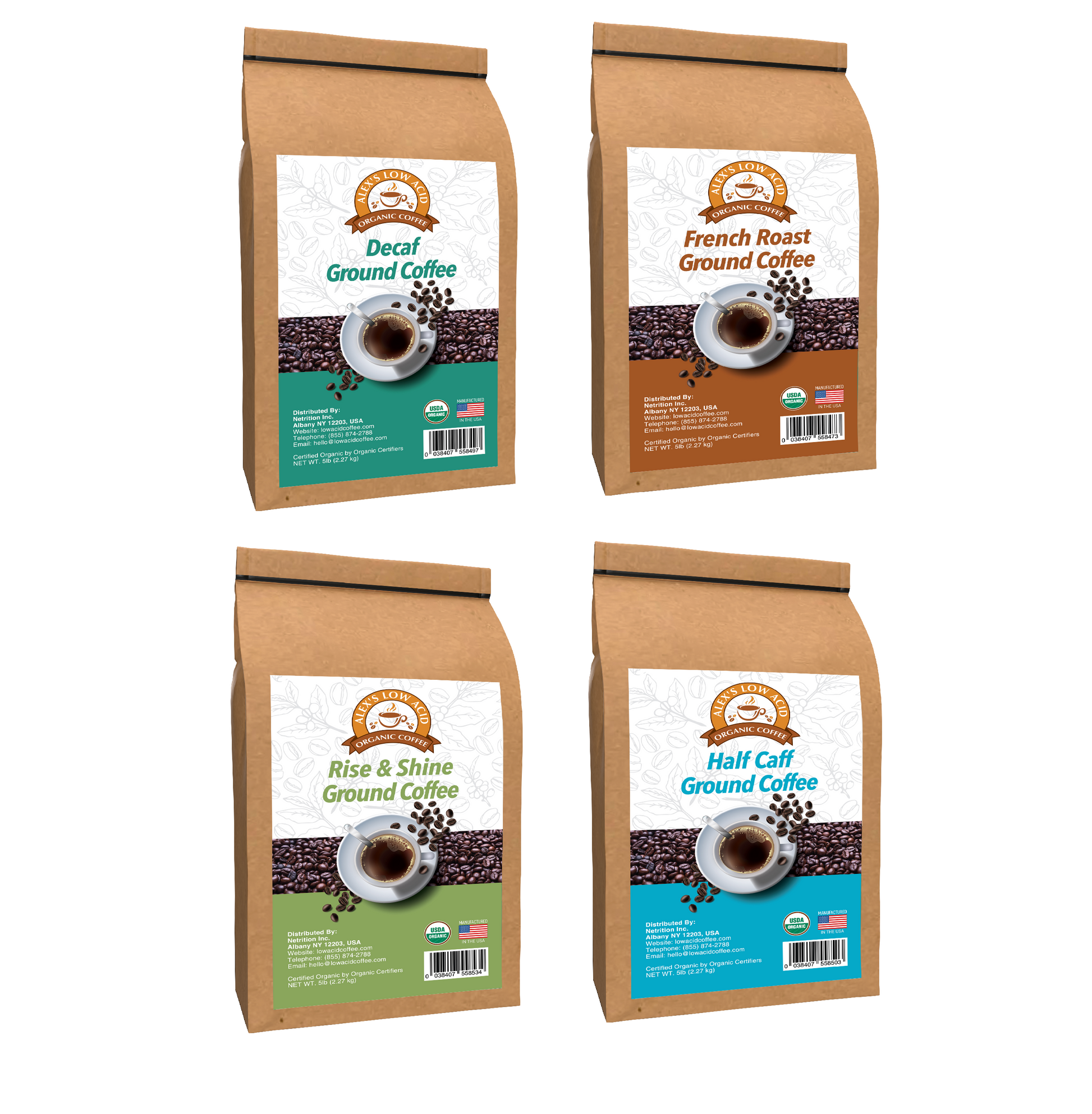 Alex's Low Acid Coffee displays four 5lb bags in the Organic Coffee™ Fresh Ground Variety Pack: Decaf, French Roast, Rise & Shine, and Half Caff. Each brown bag features a cup of fresh ground coffee on the label.