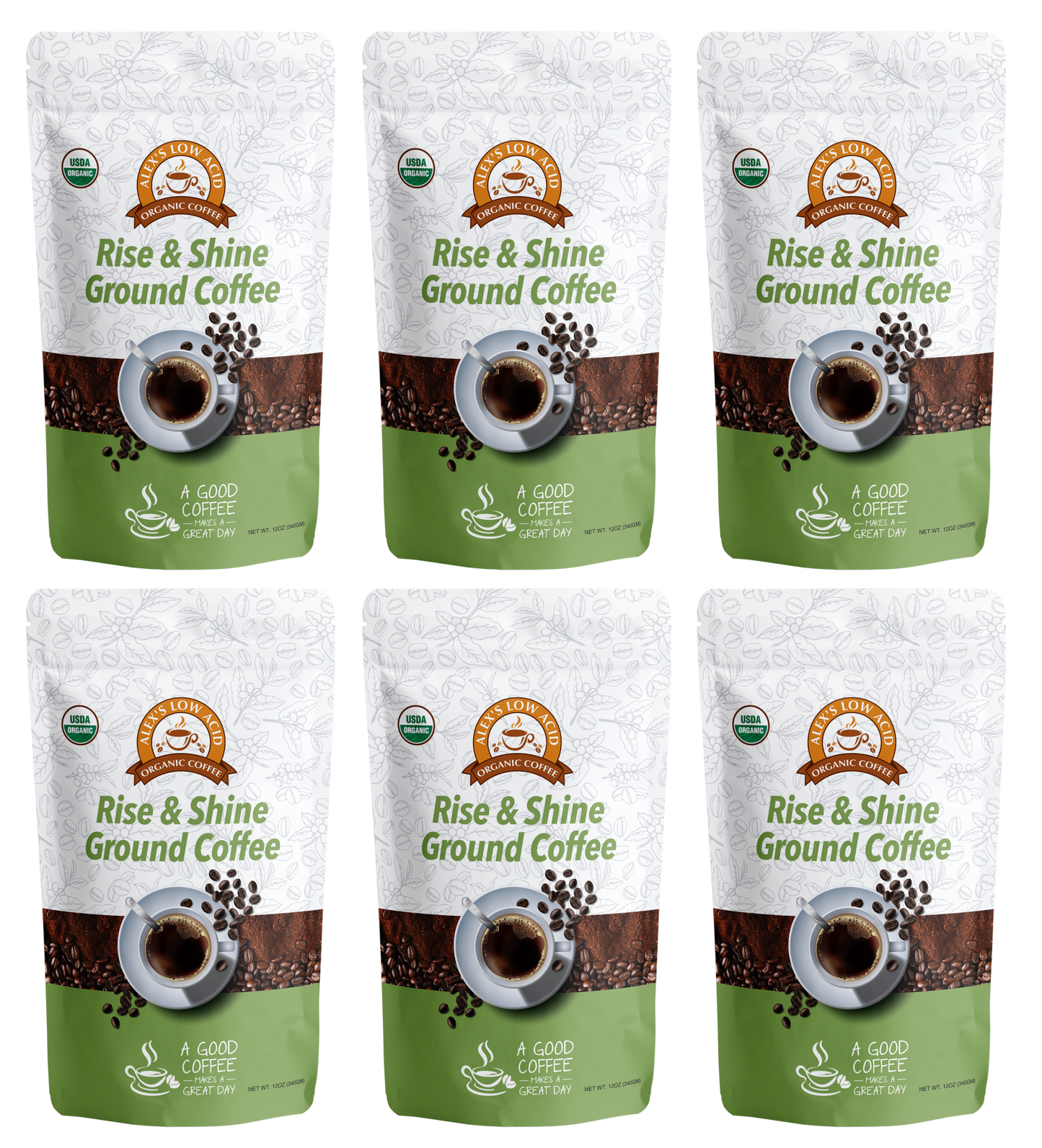 Six identical packages of Alex's Low-Acid Organic Coffee™ - Rise and Shine Fresh Ground (12oz) by Alex's Low Acid Coffee are arranged in two rows. The white and green bags feature a coffee cup, beans, and highlight gentle heartburn relief.