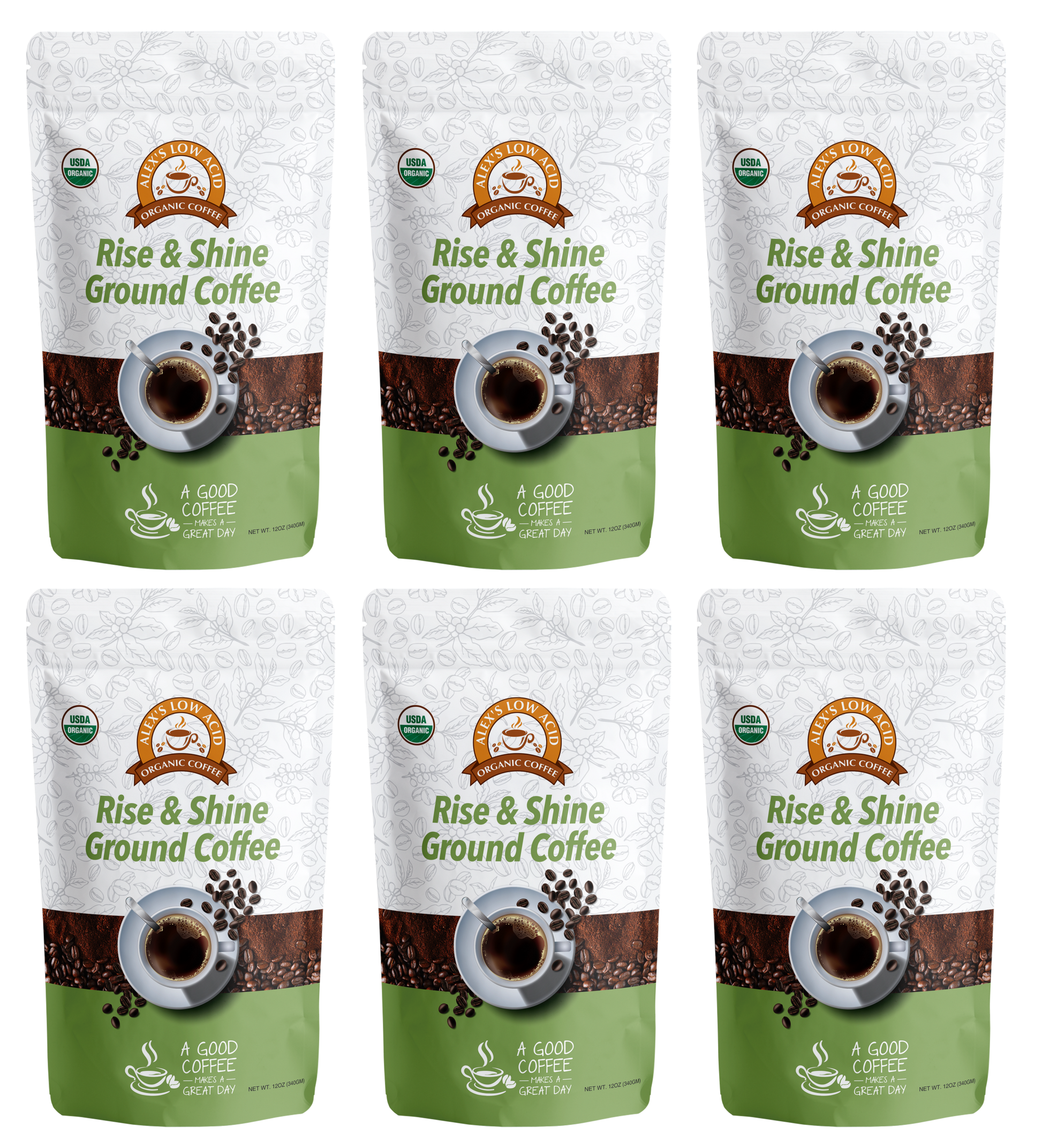 Six identical packages of Alex's Low-Acid Organic Coffee™ - Rise and Shine Fresh Ground (12oz) by Alex's Low Acid Coffee are arranged in two rows. The white and green bags feature a coffee cup, beans, and highlight gentle heartburn relief.