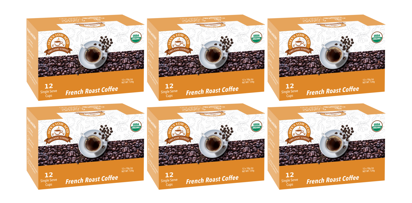 Six orange and white boxes of Alex's Low-Acid Organic Coffee™ K-Cups - French Roast by Alex's Low Acid Coffee, each with a coffee cup surrounded by beans and labeled “12 Single Serve Cups,” highlight smooth taste and heartburn relief.
