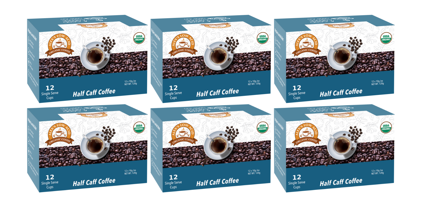 Six boxes of Alex's Low-Acid Organic Coffee™ K-Cups - Half Caff by Alex's Low Acid Coffee, each with 12 single-serve cups. Blue and white boxes feature coffee beans, a cup of coffee, and an organic certification symbol. Smooth and low-acid.