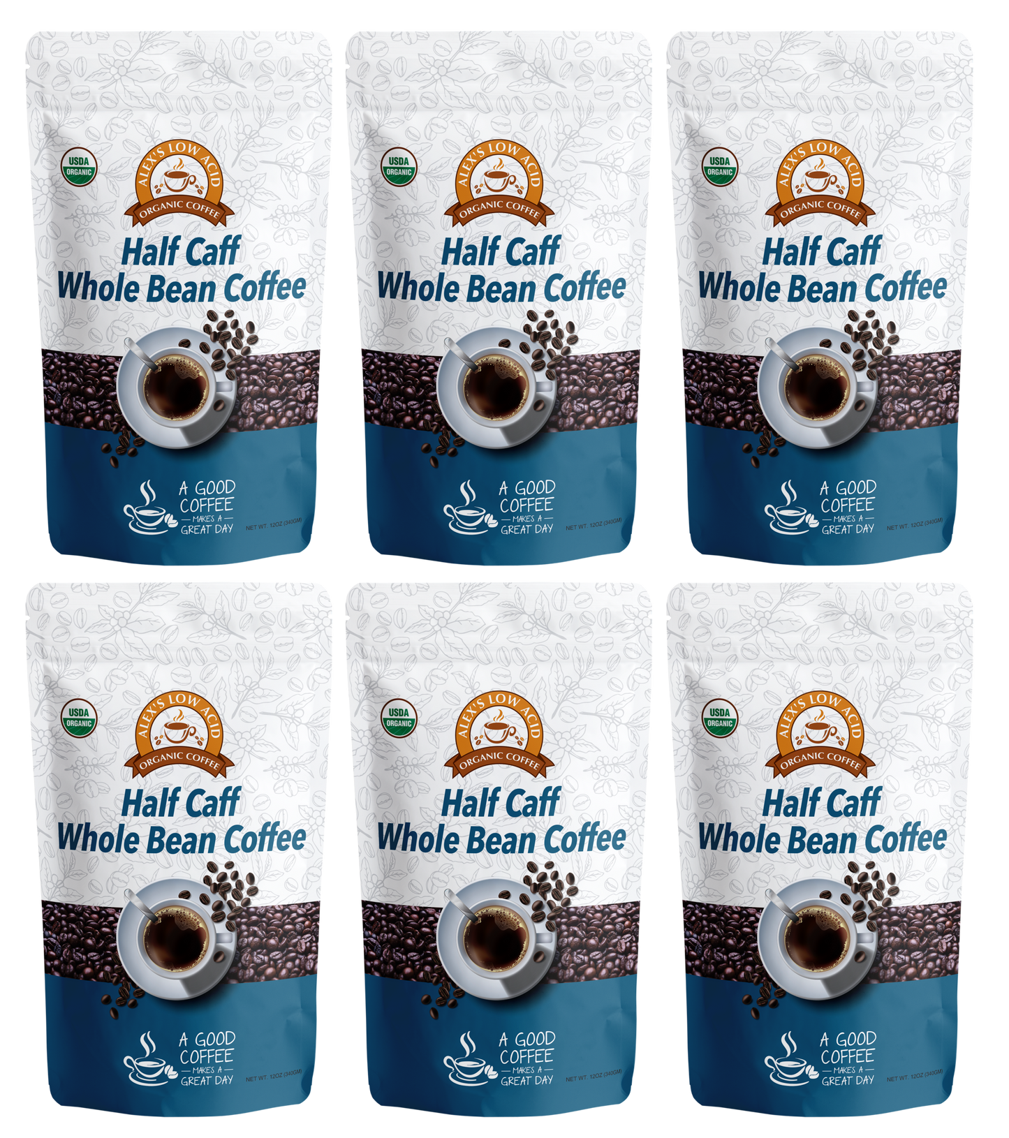 Six bags of Alex's Low-Acid Organic Coffee™ - Half Caff Whole Bean (12oz) by Alex's Low Acid Coffee are arranged in two rows. Each white and blue bag features a coffee cup image, the brand logo, and notes it's organic, low-acid half caff coffee.