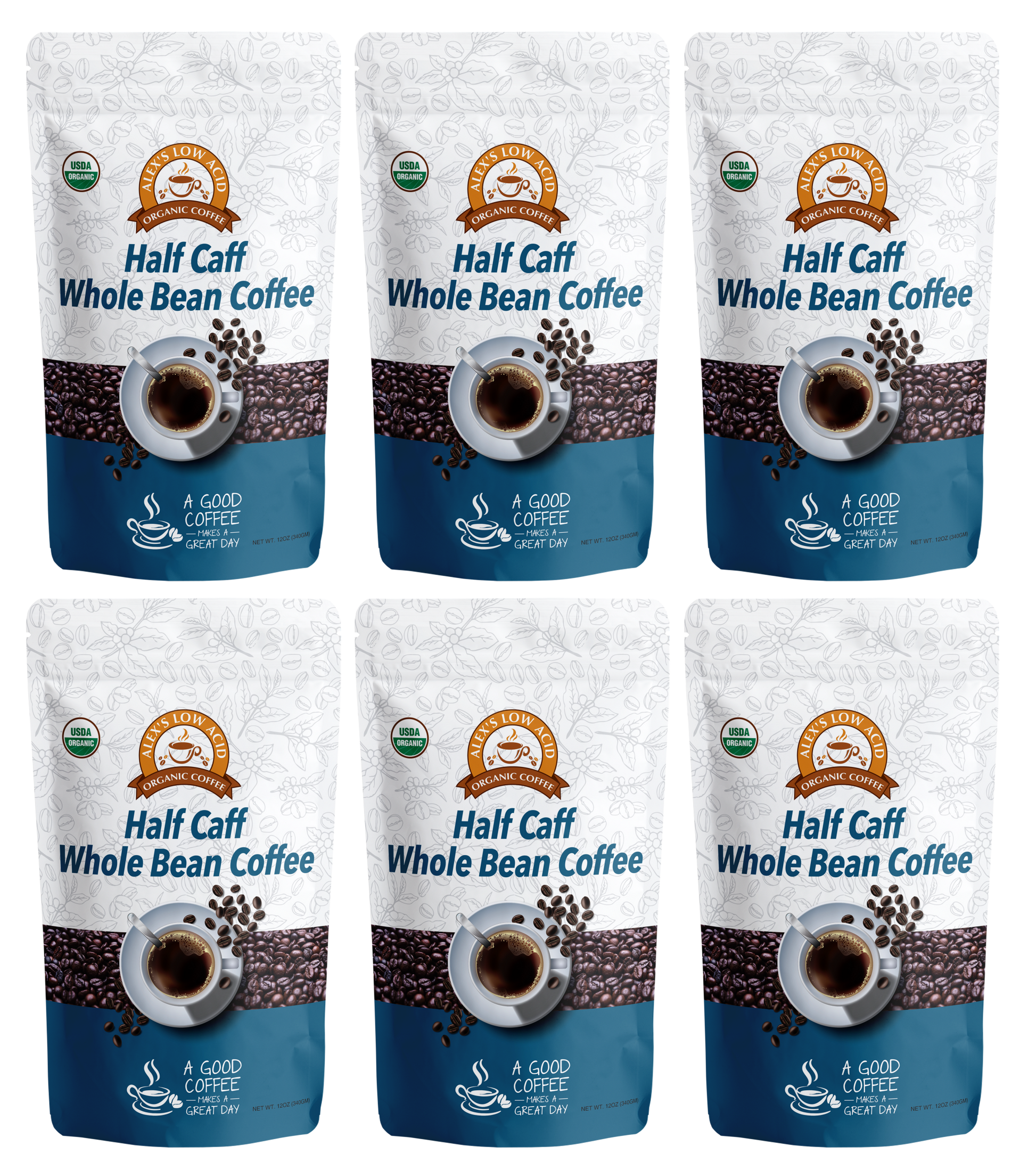 Six bags of Alex's Low-Acid Organic Coffee™ - Half Caff Whole Bean (12oz) by Alex's Low Acid Coffee are arranged in two rows. Each white and blue bag features a coffee cup image, the brand logo, and notes it's organic, low-acid half caff coffee.