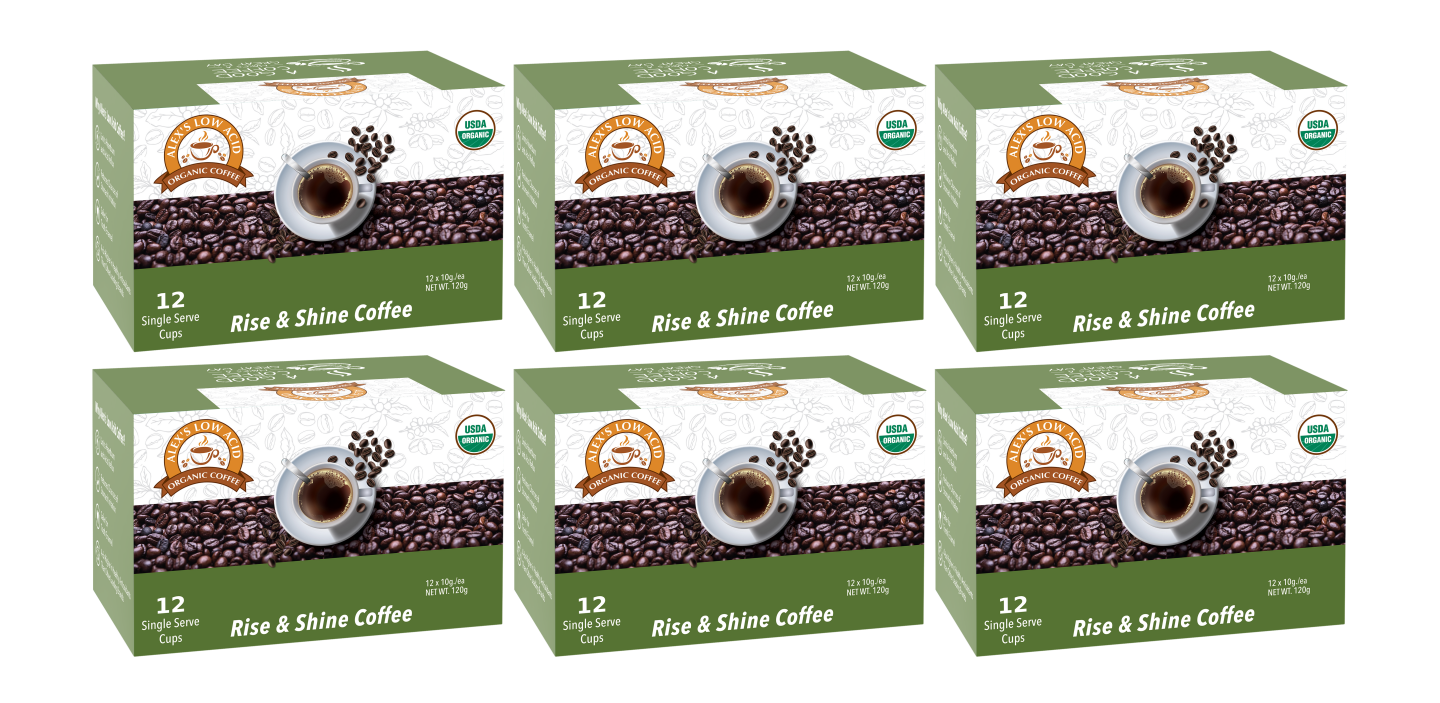 Six green and white boxes of Alex's Low-Acid Organic Coffee™ K-Cups - Rise & Shine by Alex's Low Acid Coffee, each with 12 USDA Organic single-serve cups. Features smooth, low-acid coffee for heartburn relief and displays the brand logo.