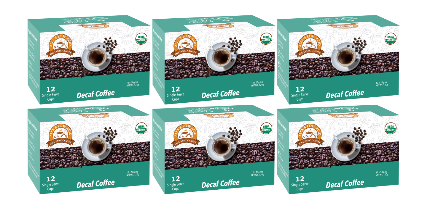 Six boxes of Alex's Low Acid Coffee™ Low-Acid Organic Coffee K-Cups - Decaf, in teal and white packaging with a cup, coffee beans, and a gentle heartburn relief seal, are arranged in two rows.