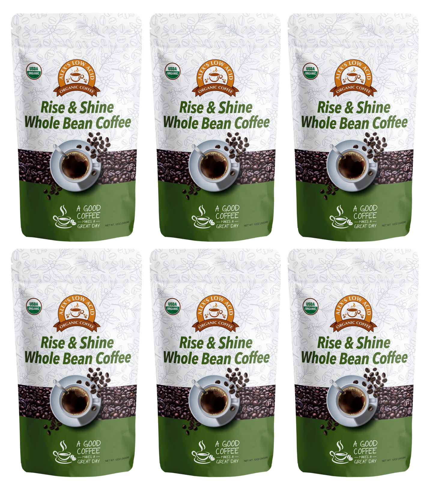 Six bags of Alex's Low-Acid Organic Coffee™ - Rise and Shine Whole Bean (12oz) by Alex's Low Acid Coffee are arranged in two rows. The white and green packaging features a cup, beans, and an orange circle—ideal for gentle heartburn relief.
