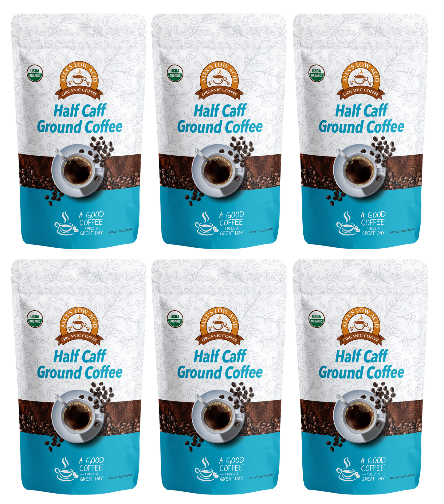Six bags of Alex’s Low-Acid Organic Coffee™ - Half Caff Fresh Ground (12oz) by Alex’s Low Acid Coffee are arranged in two rows. Each white and blue bag shows a coffee cup, USDA Organic seal, and the slogan “A Good Coffee Day Starts Here.”.