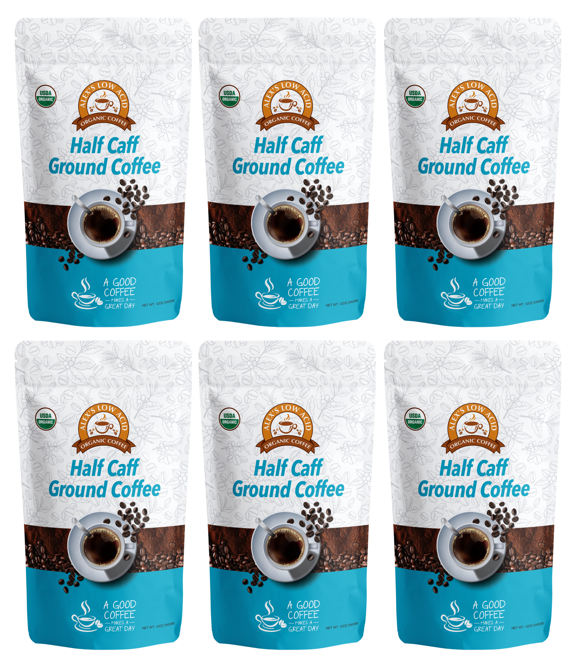 Six bags of Alex’s Low-Acid Organic Coffee™ - Half Caff Fresh Ground (12oz) by Alex’s Low Acid Coffee are arranged in two rows. Each white and blue bag shows a coffee cup, USDA Organic seal, and the slogan “A Good Coffee Day Starts Here.”.
