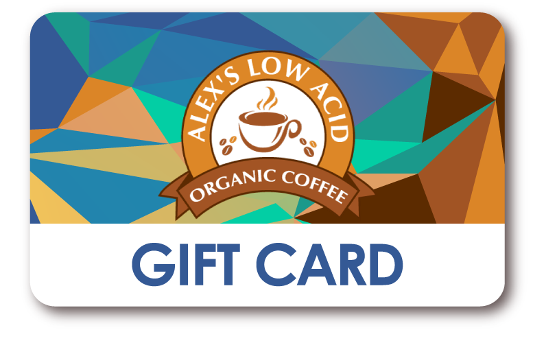A gift card with a colorful geometric background, featuring the Alex's Acid-Free Coffee logo above the words GIFT CARD in bold blue letters.