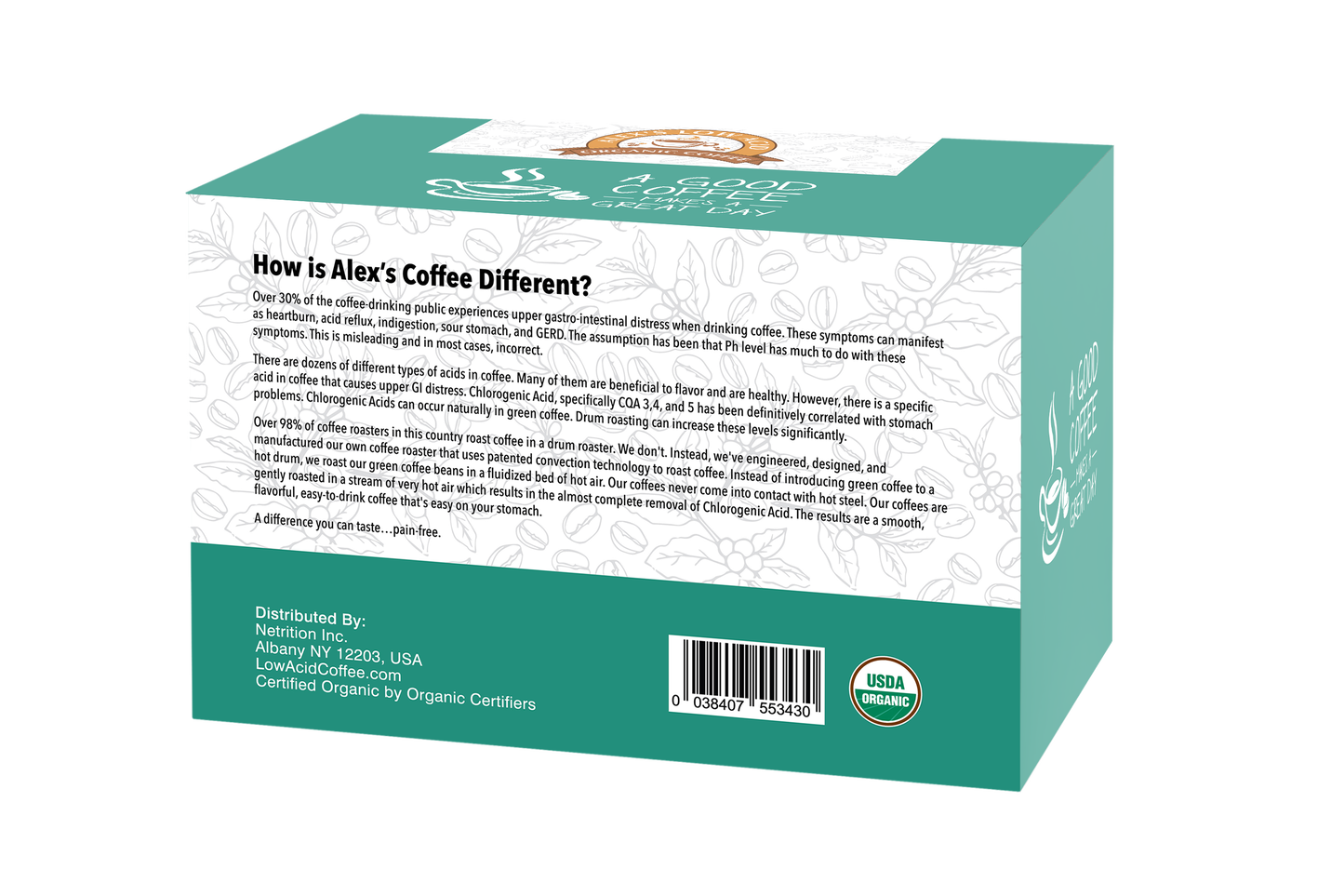 A green and white box of Alex's Low-Acid Organic Coffee™ K-Cups - Decaf from Alex's Low Acid Coffee features a product description, barcode, USDA organic seal, distribution info, and notes its heartburn-relieving health benefits over regular coffee.