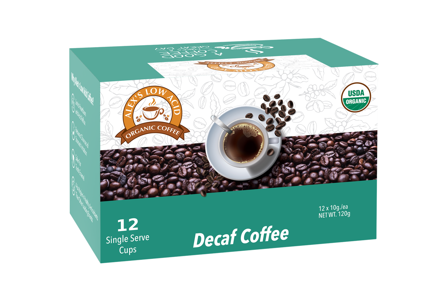 A green and white box of Alex's Low-Acid Organic Coffee™ K-Cups - Decaf by Alex's Low Acid Coffee, designed for heartburn relief, features a coffee cup with beans and displays “12 Single Serve Cups,” “Decaf Coffee,” and the USDA Organic label.