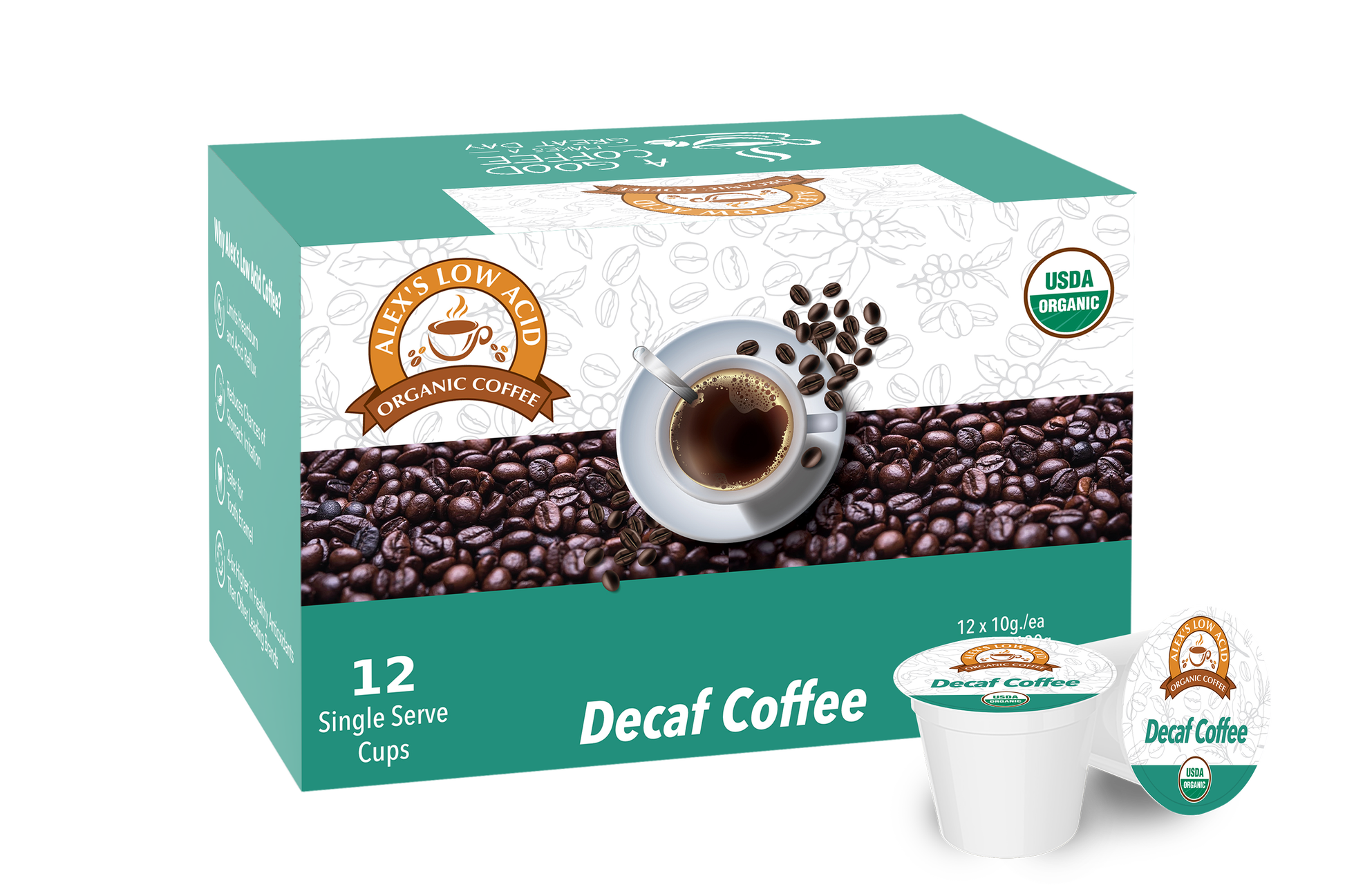 A box of Alex's Low-Acid Organic Coffee™ K-Cups - Decaf by Alex's Low Acid Coffee, featuring 12 single-serve pods for gentle, heartburn-friendly brewing. The packaging shows a steaming cup, beans, USDA Organic logo, and one K-Cup pod in front.