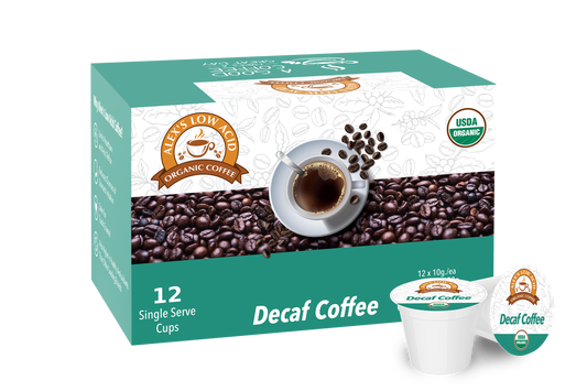 A box of Alex's Low-Acid Organic Coffee™ K-Cups - Decaf by Alex's Low Acid Coffee, featuring 12 single-serve pods for gentle, heartburn-friendly brewing. The packaging shows a steaming cup, beans, USDA Organic logo, and one K-Cup pod in front.