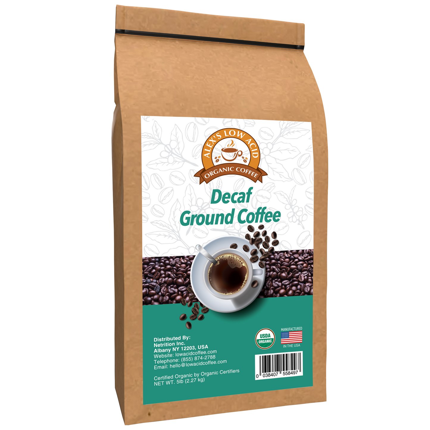 A brown bag labeled Alex's Low-Acid Organic Coffee™ - Decaf Fresh Ground (5lbs) by Alex's Low Acid Coffee with coffee beans, cup, and details; USDA Organic and American flag logos highlight this gentle, low-acid decaf option.