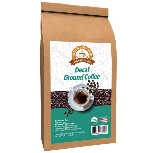 A brown bag labeled Alex's Low-Acid Organic Coffee™ - Decaf Fresh Ground (5lbs) by Alex's Low Acid Coffee with coffee beans, cup, and details; USDA Organic and American flag logos highlight this gentle, low-acid decaf option.