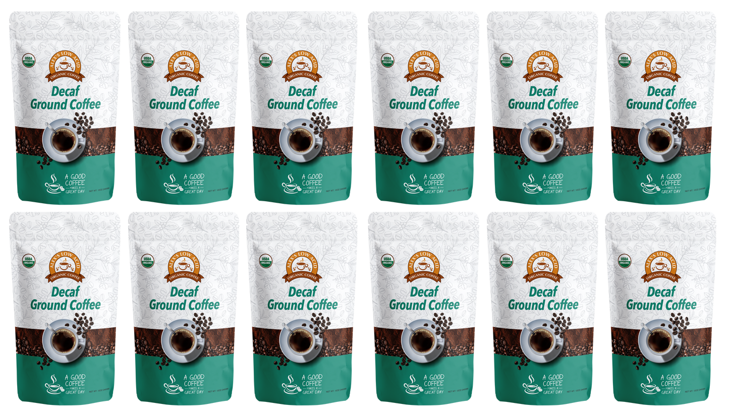 Twelve bags of Alex's Low-Acid Organic Coffee™ - Decaf Fresh Ground (12oz) by Alex's Low Acid Coffee are arranged in a grid on a white background. The white and green packaging shows a coffee cup and coffee beans.