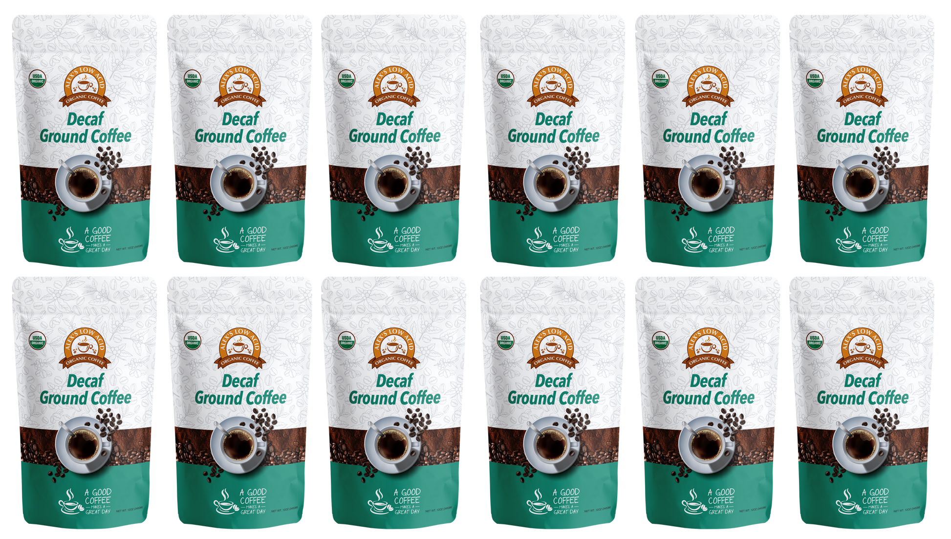 Twelve bags of Alex's Low-Acid Organic Coffee™ - Decaf Fresh Ground (12oz) by Alex's Low Acid Coffee are arranged in a grid on a white background. The white and green packaging shows a coffee cup and coffee beans.
