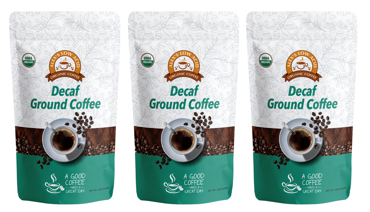 Three identical bags of Alex's Low-Acid Organic Coffee™ - Decaf Fresh Ground (12oz) from Alex's Low Acid Coffee are shown, each featuring cup and bean illustrations with green "Decaf Ground Coffee" text—ideal for low-acid coffee seekers.