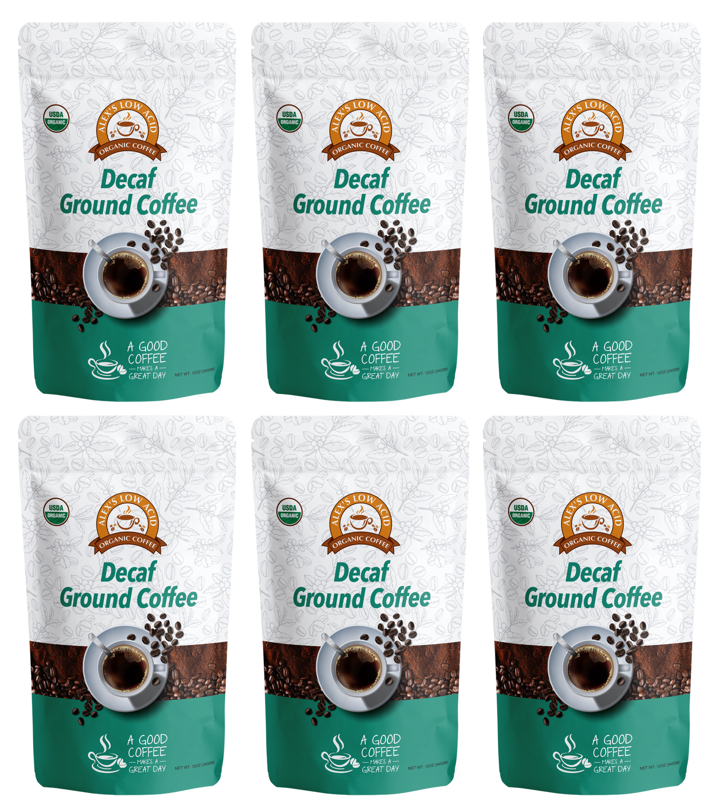 Six bags of Alex's Low-Acid Organic Coffee™ - Decaf Fresh Ground (12oz) by Alex's Low Acid Coffee, featuring a teal and white design with a coffee cup image. Each organic, low-acid bag is arranged in two rows—ideal for heartburn relief.