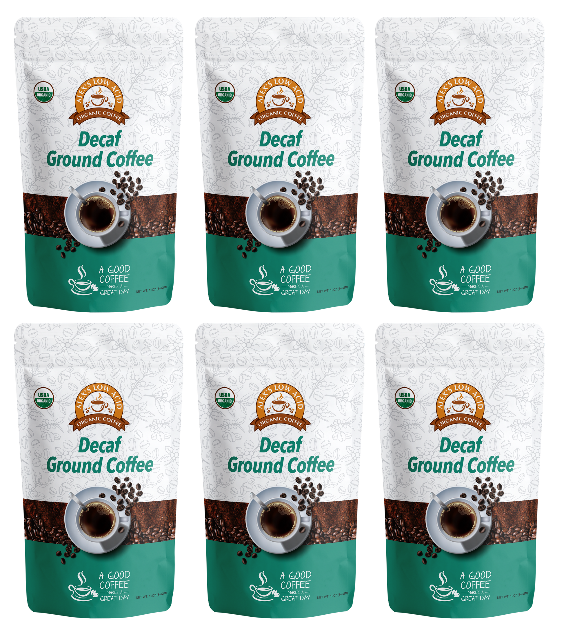 Six bags of Alex's Low-Acid Organic Coffee™ - Decaf Fresh Ground (12oz) by Alex's Low Acid Coffee, featuring a teal and white design with a coffee cup image. Each organic, low-acid bag is arranged in two rows—ideal for heartburn relief.